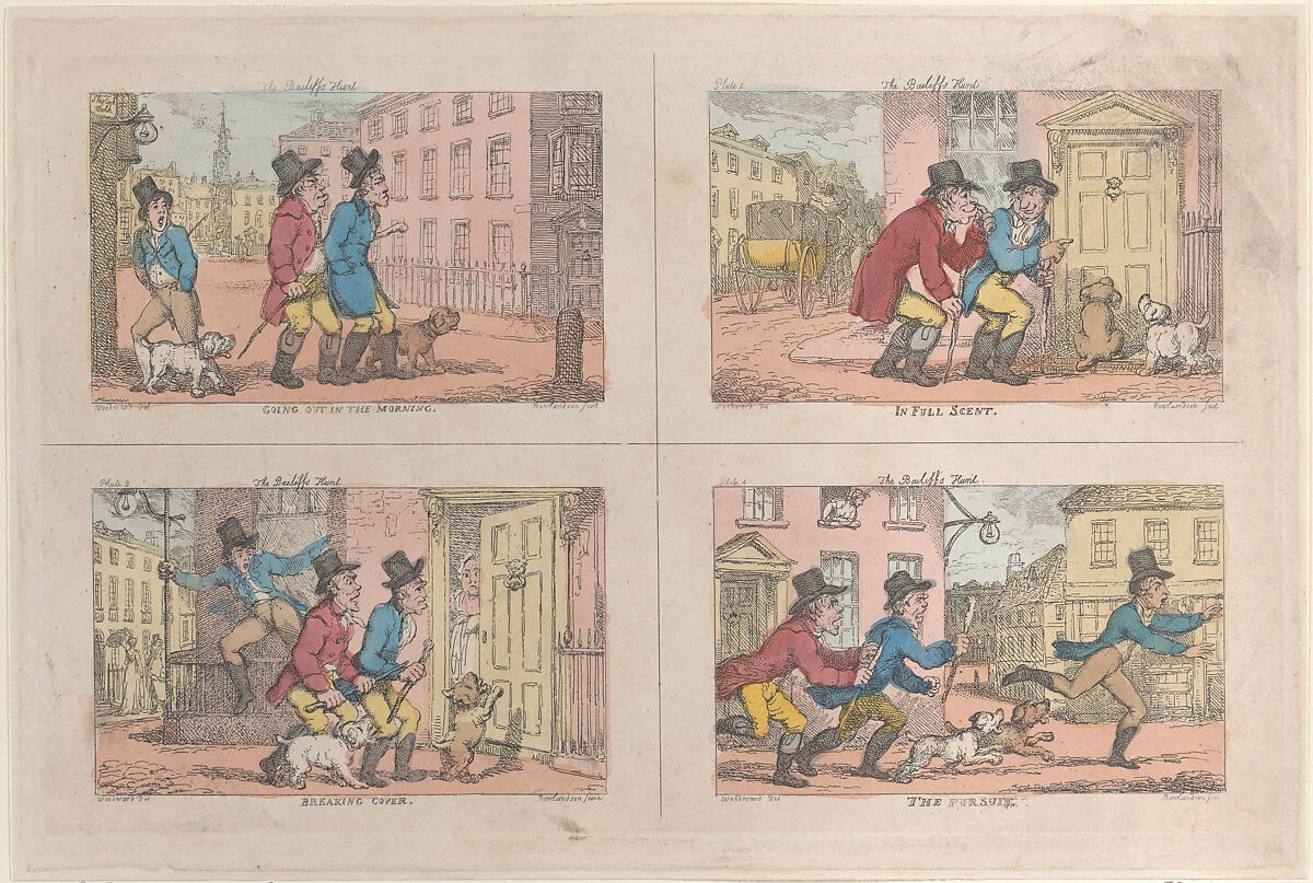 The Bailiff's Hunt: Going Out in the Morning, In Full Scent, Breaking Cover, and The Pursuit, Thomas Rowlandson (British, London 1757–1827 London), Hand-colored etching 
