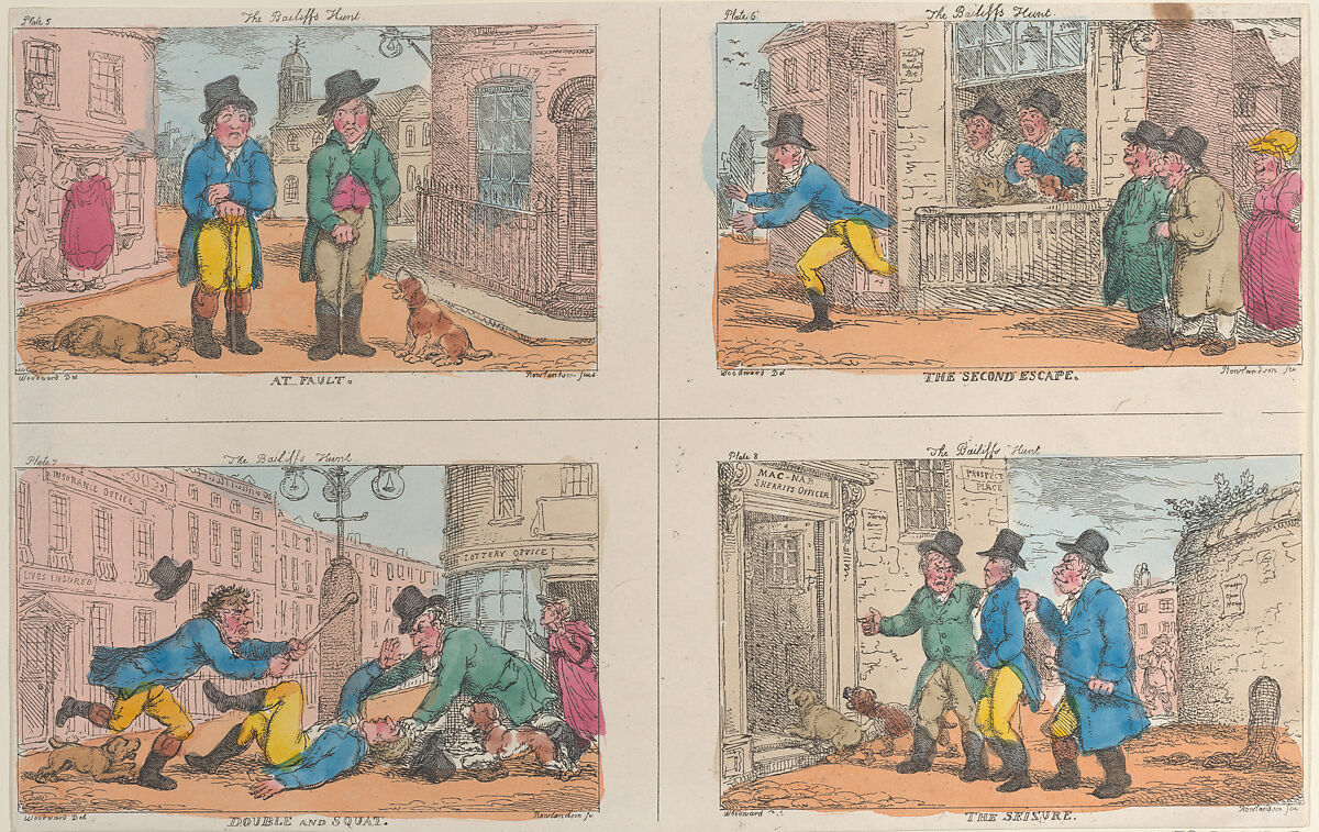 The Bailiff's Hunt: At Fault, The Second Escape, Double and Squat, and The Seizure, Thomas Rowlandson (British, London 1757–1827 London), Hand-colored etching 