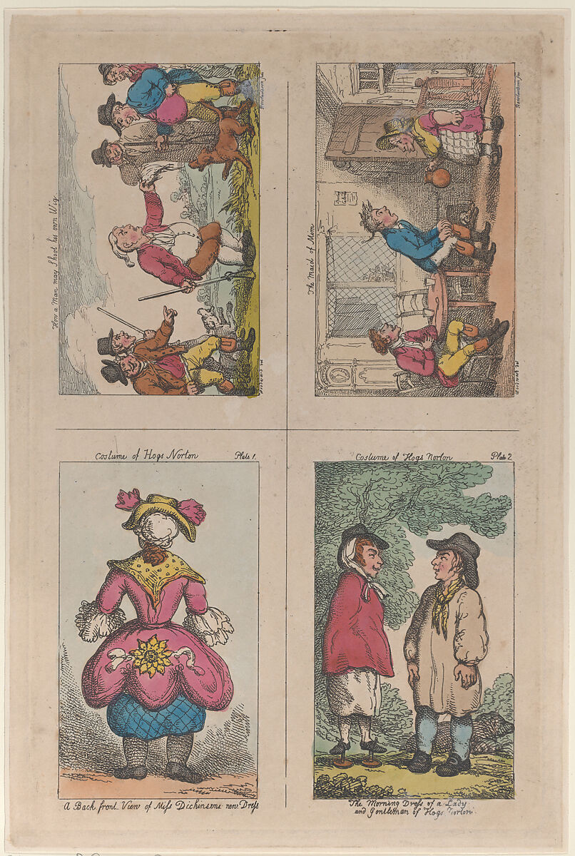Costume of Hogs Norton, How a Man May Shoot His Own Wig, and The Maid of Mim, Thomas Rowlandson (British, London 1757–1827 London), Hand-colored etching 