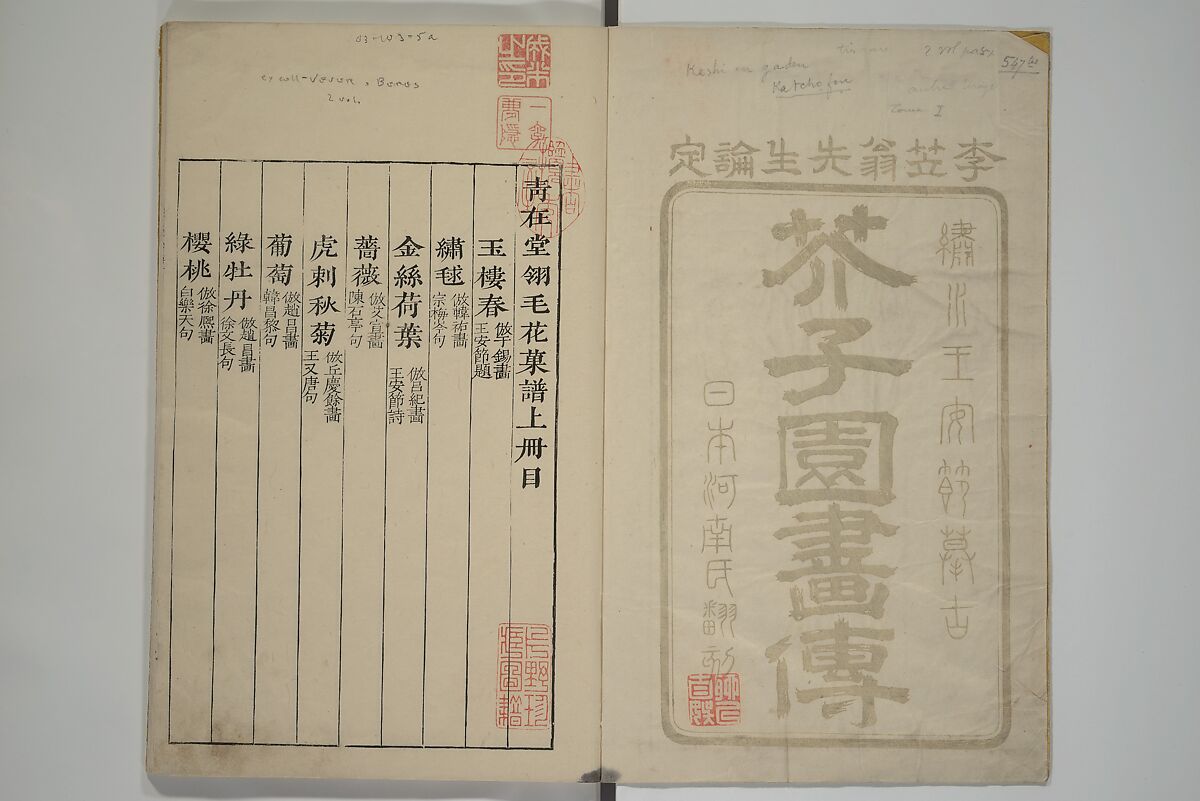The Mustard Seed Garden Painting Manua} 芥子園畫傳, Wang Gai 王槩 (Chinese, 1645–1710), Set of two woodblock printed books; ink and color on paper, Japan