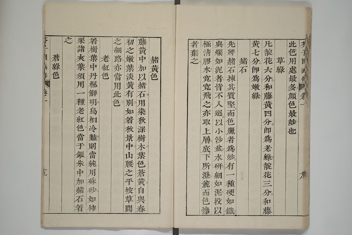 The Mustard Seed Garden Painting Manual  (Japanese reprint)  芥子園畫傳, Wang Gai 王槩 (Chinese, 1645–1710), Set of five woodblock printed books; ink and color on paper, Japan