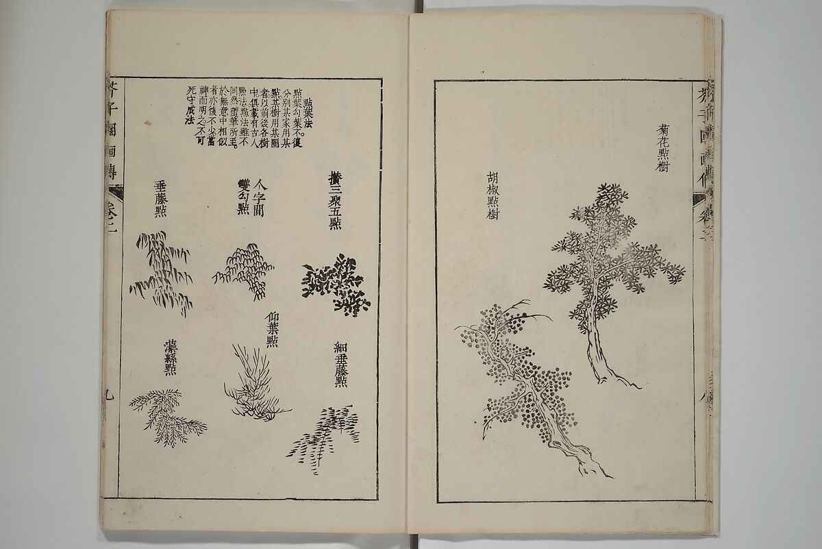 The Mustard Seed Garden Painting Manual  (Japanese reprint)  芥子園畫傳, Wang Gai 王槩 (Chinese, 1645–1710), Set of five woodblock printed books; ink and color on paper, Japan