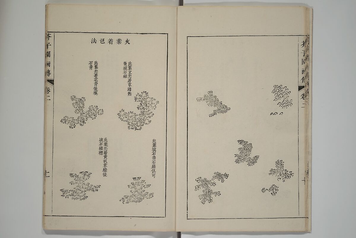 The Mustard Seed Garden Painting Manual  (Japanese reprint)  芥子園畫傳, Wang Gai 王槩 (Chinese, 1645–1710), Set of five woodblock printed books; ink and color on paper, Japan