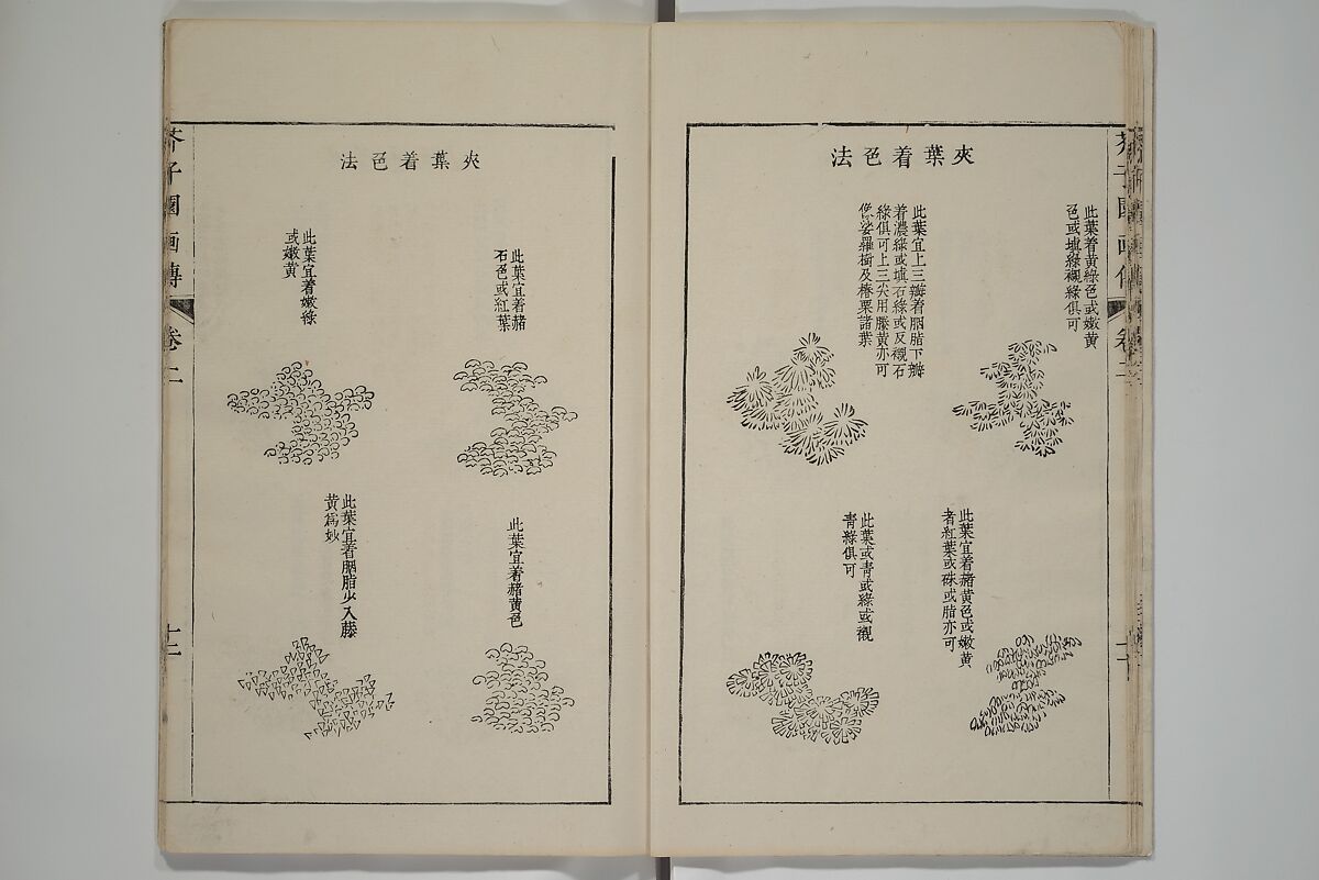 The Mustard Seed Garden Painting Manual  (Japanese reprint)  芥子園畫傳, Wang Gai 王槩 (Chinese, 1645–1710), Set of five woodblock printed books; ink and color on paper, Japan