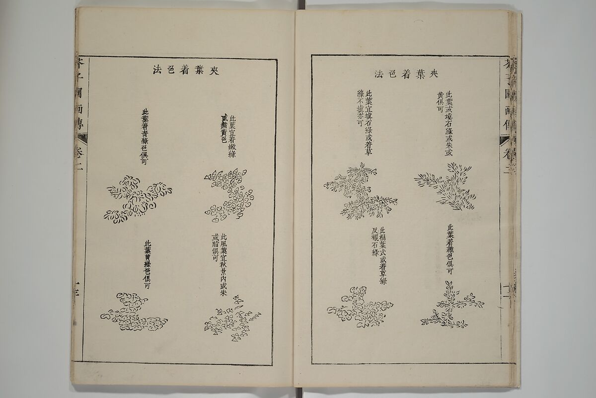 The Mustard Seed Garden Painting Manual  (Japanese reprint)  芥子園畫傳, Wang Gai 王槩 (Chinese, 1645–1710), Set of five woodblock printed books; ink and color on paper, Japan