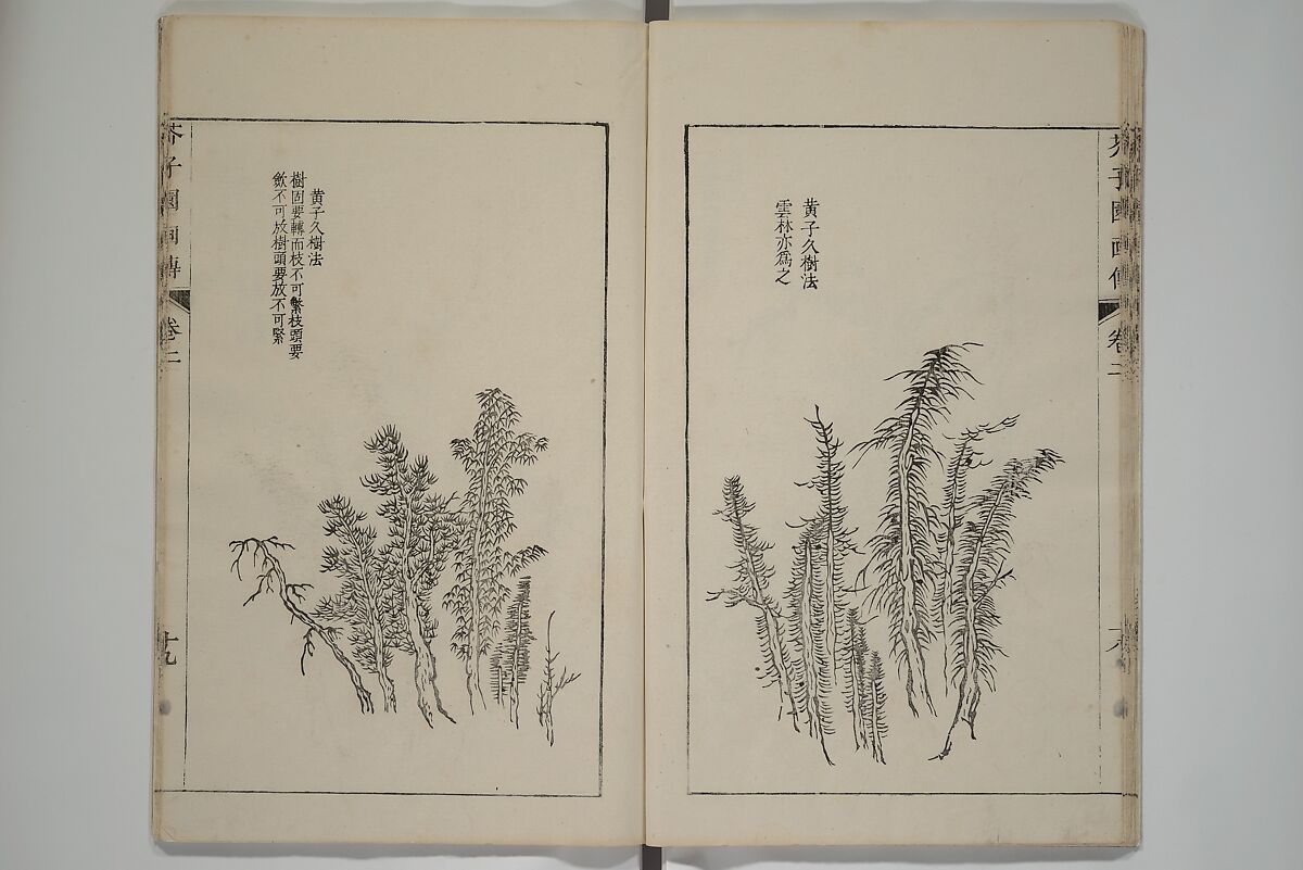 The Mustard Seed Garden Painting Manual  (Japanese reprint)  芥子園畫傳, Wang Gai 王槩 (Chinese, 1645–1710), Set of five woodblock printed books; ink and color on paper, Japan