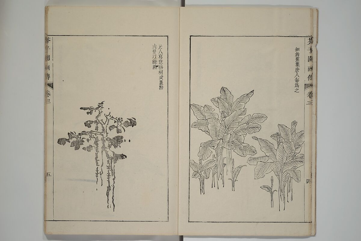 The Mustard Seed Garden Painting Manual  (Japanese reprint)  芥子園畫傳, Wang Gai 王槩 (Chinese, 1645–1710), Set of five woodblock printed books; ink and color on paper, Japan