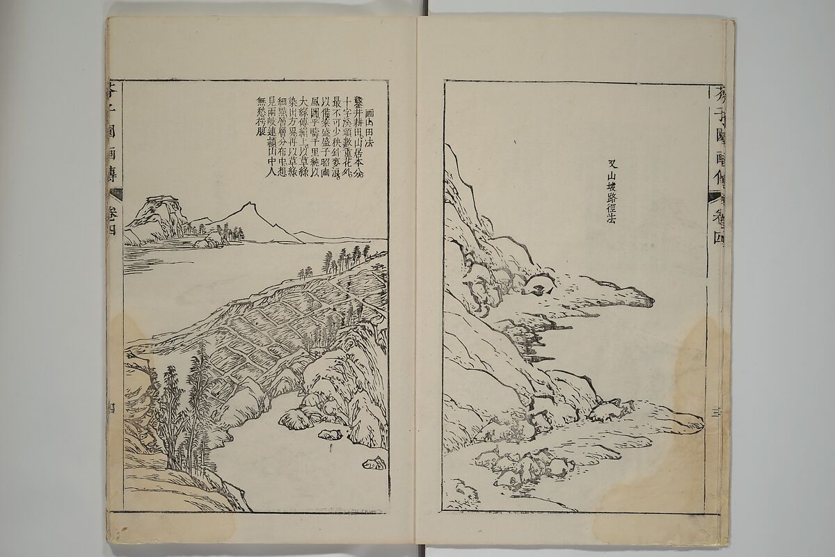 The Mustard Seed Garden Painting Manual  (Japanese reprint)  芥子園畫傳, Wang Gai 王槩 (Chinese, 1645–1710), Set of five woodblock printed books; ink and color on paper, Japan