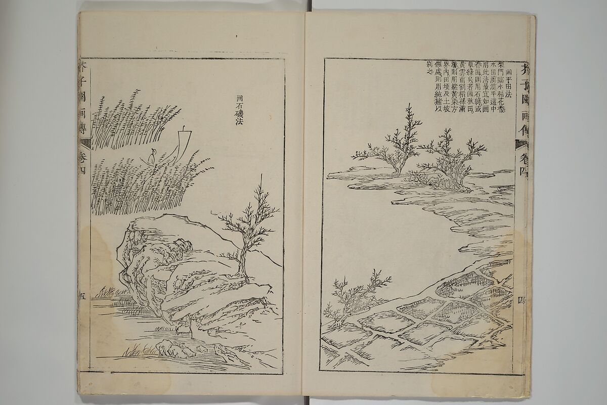 The Mustard Seed Garden Painting Manual  (Japanese reprint)  芥子園畫傳, Wang Gai 王槩 (Chinese, 1645–1710), Set of five woodblock printed books; ink and color on paper, Japan