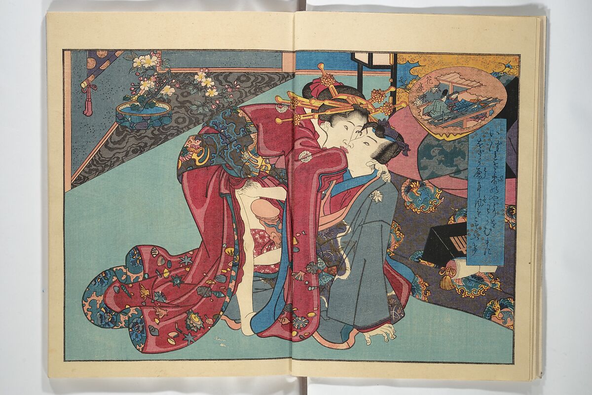 Weighing the Goods of Love (Enshoku shinasadame)  艶色品定女, Utagawa Kunimori II 二代歌川国盛画 (Japanese, active 1830–1861), Set of three woodblock-printed books (hanshibon); ink and color on paper, Japan
