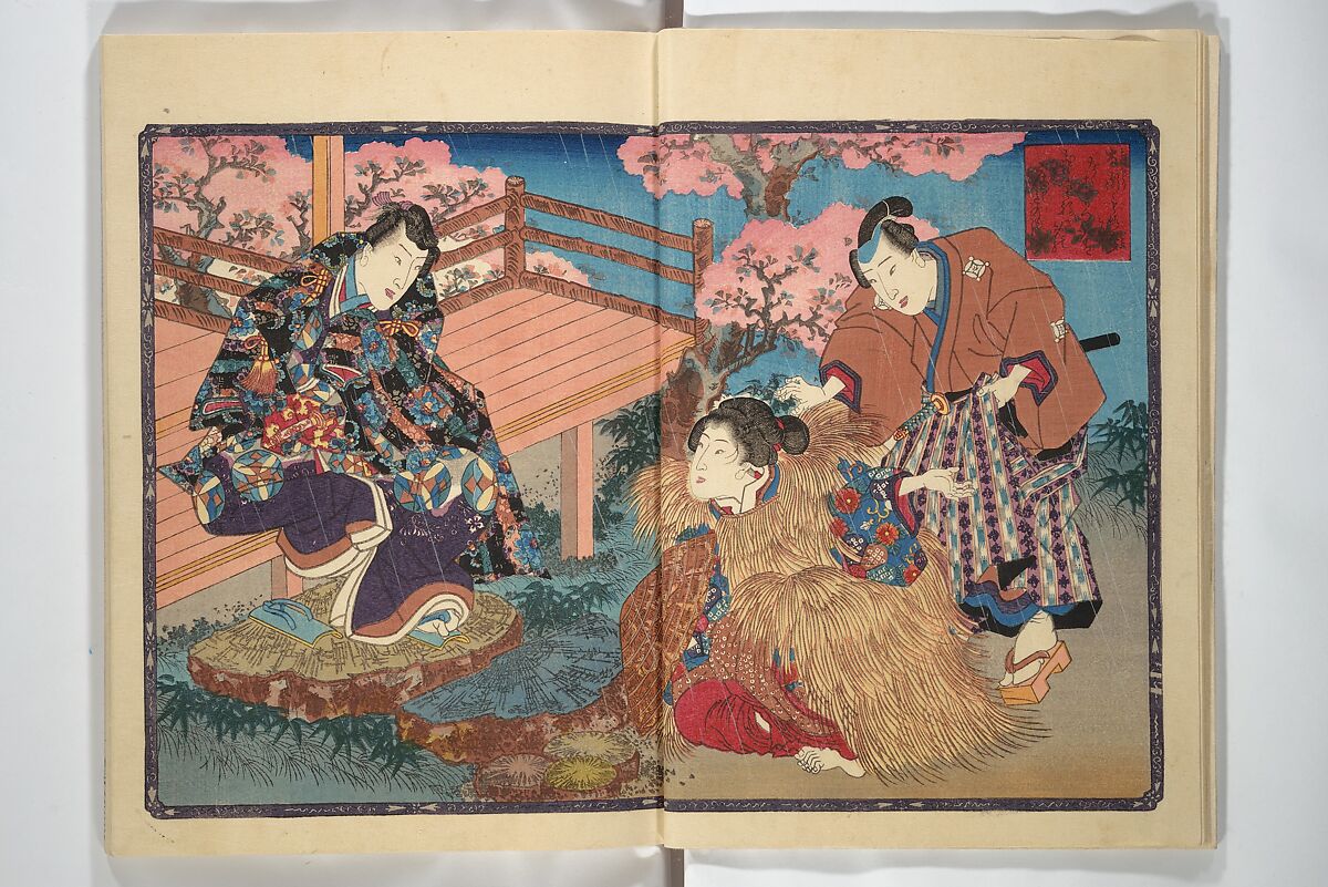 Weighing the Goods of Love (Enshoku shinasadame)  艶色品定女, Utagawa Kunimori II 二代歌川国盛画 (Japanese, active 1830–1861), Set of three woodblock-printed books (hanshibon); ink and color on paper, Japan