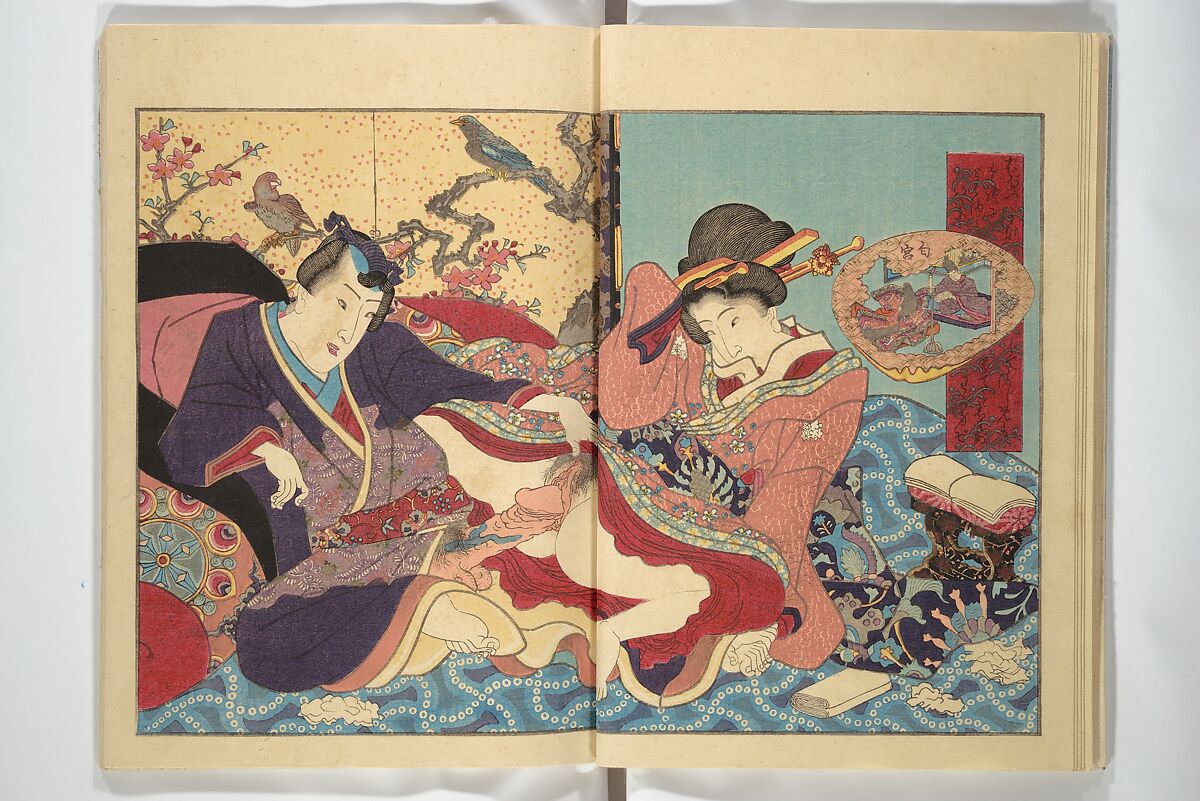 Weighing the Goods of Love (Enshoku shinasadame)  艶色品定女, Utagawa Kunimori II 二代歌川国盛画 (Japanese, active 1830–1861), Set of three woodblock-printed books (hanshibon); ink and color on paper, Japan