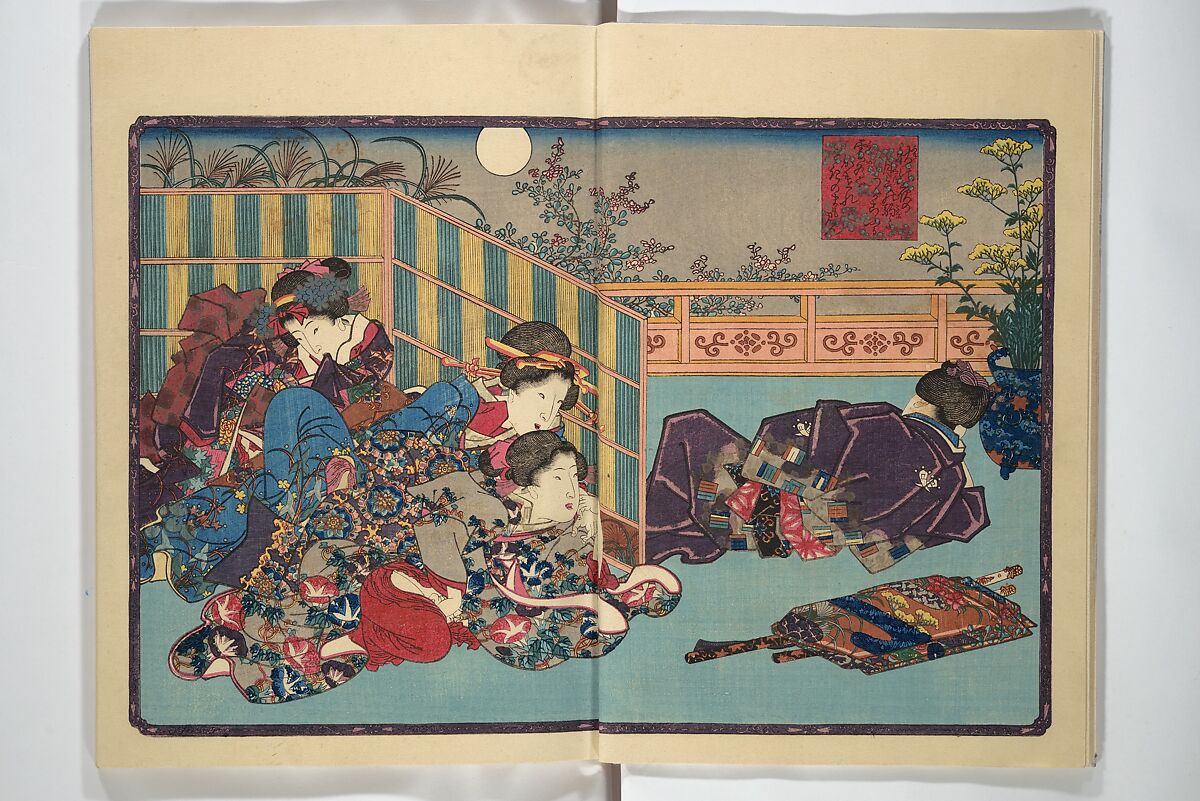 Weighing the Goods of Love (Enshoku shinasadame)  艶色品定女, Utagawa Kunimori II 二代歌川国盛画 (Japanese, active 1830–1861), Set of three woodblock-printed books (hanshibon); ink and color on paper, Japan