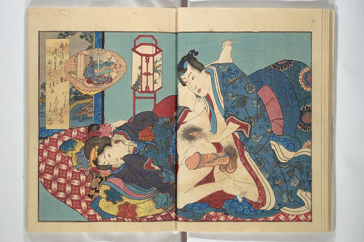 Weighing the Goods of Love (Enshoku shinasadame)  艶色品定女, Utagawa Kunimori II 二代歌川国盛画 (Japanese, active 1830–1861), Set of three woodblock-printed books (hanshibon); ink and color on paper, Japan