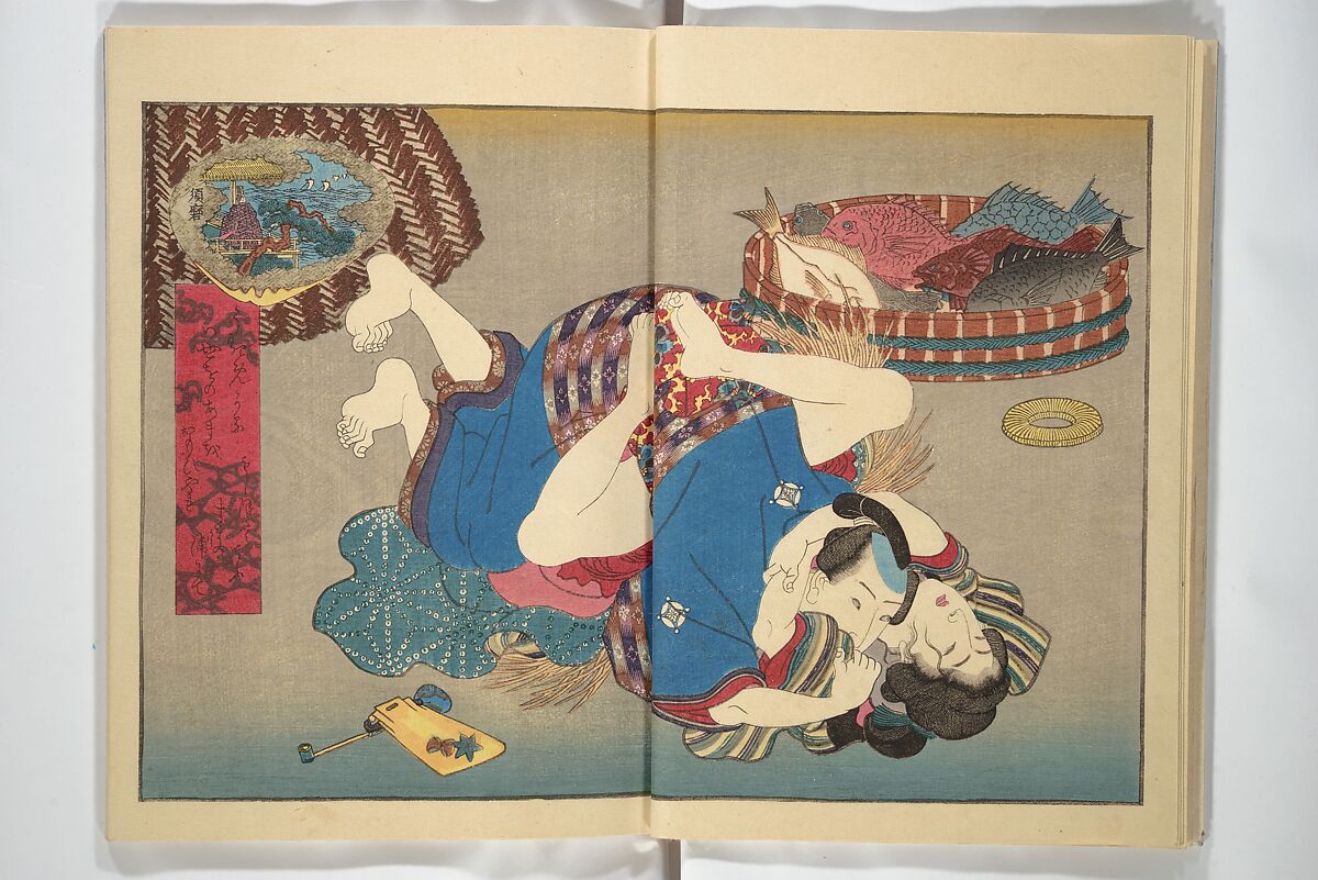 Weighing the Goods of Love (Enshoku shinasadame)  艶色品定女, Utagawa Kunimori II 二代歌川国盛画 (Japanese, active 1830–1861), Set of three woodblock-printed books (hanshibon); ink and color on paper, Japan