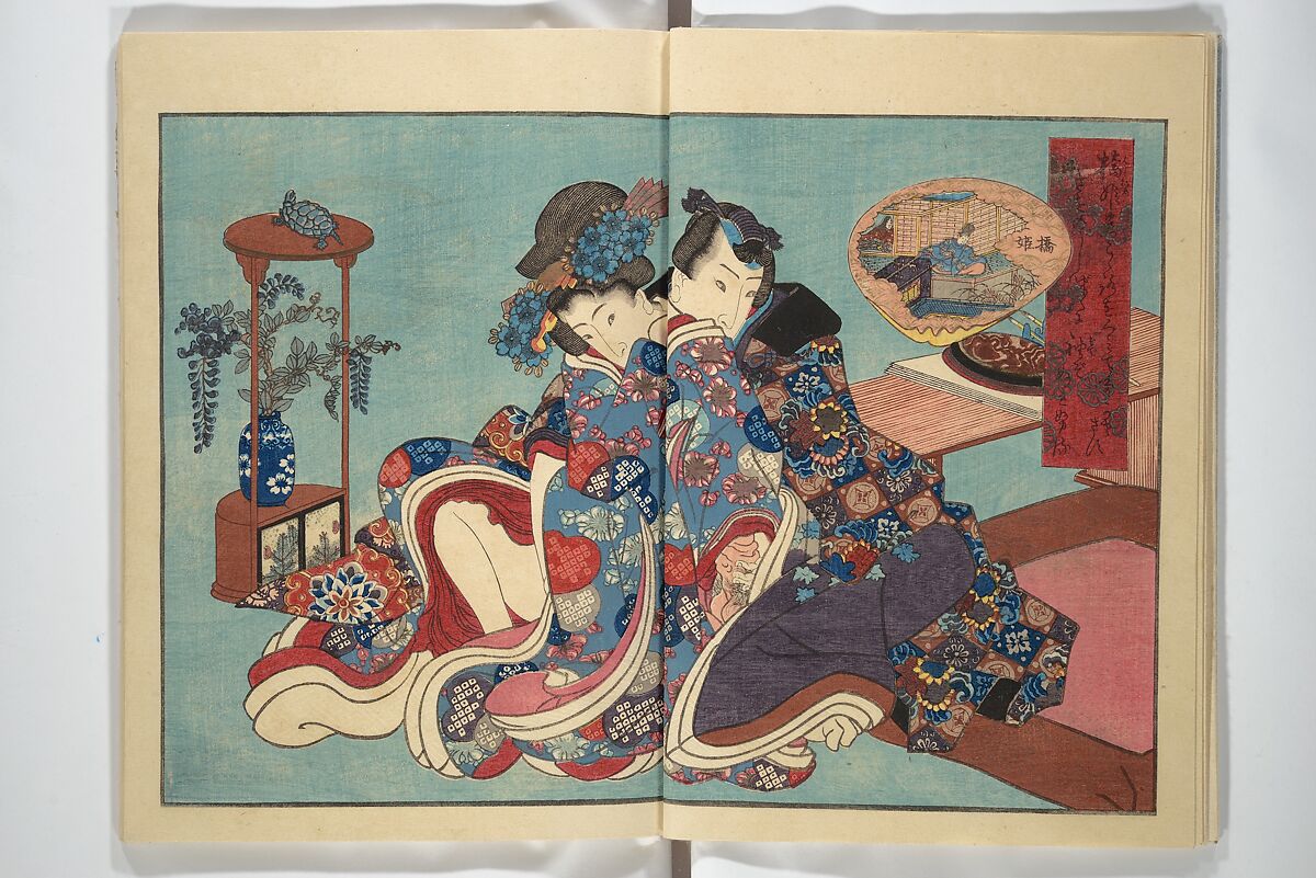 Weighing the Goods of Love (Enshoku shinasadame)  艶色品定女, Utagawa Kunimori II 二代歌川国盛画 (Japanese, active 1830–1861), Set of three woodblock-printed books (hanshibon); ink and color on paper, Japan