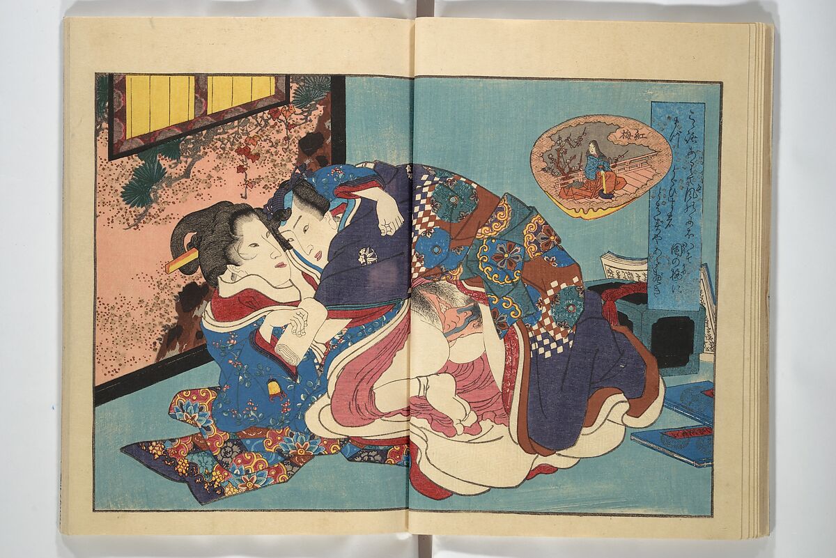 Weighing the Goods of Love (Enshoku shinasadame)  艶色品定女, Utagawa Kunimori II 二代歌川国盛画 (Japanese, active 1830–1861), Set of three woodblock-printed books (hanshibon); ink and color on paper, Japan