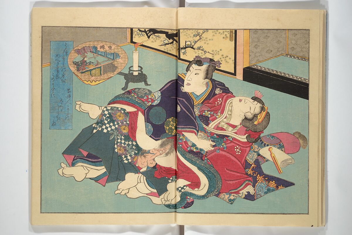 Weighing the Goods of Love (Enshoku shinasadame)  艶色品定女, Utagawa Kunimori II 二代歌川国盛画 (Japanese, active 1830–1861), Set of three woodblock-printed books (hanshibon); ink and color on paper, Japan