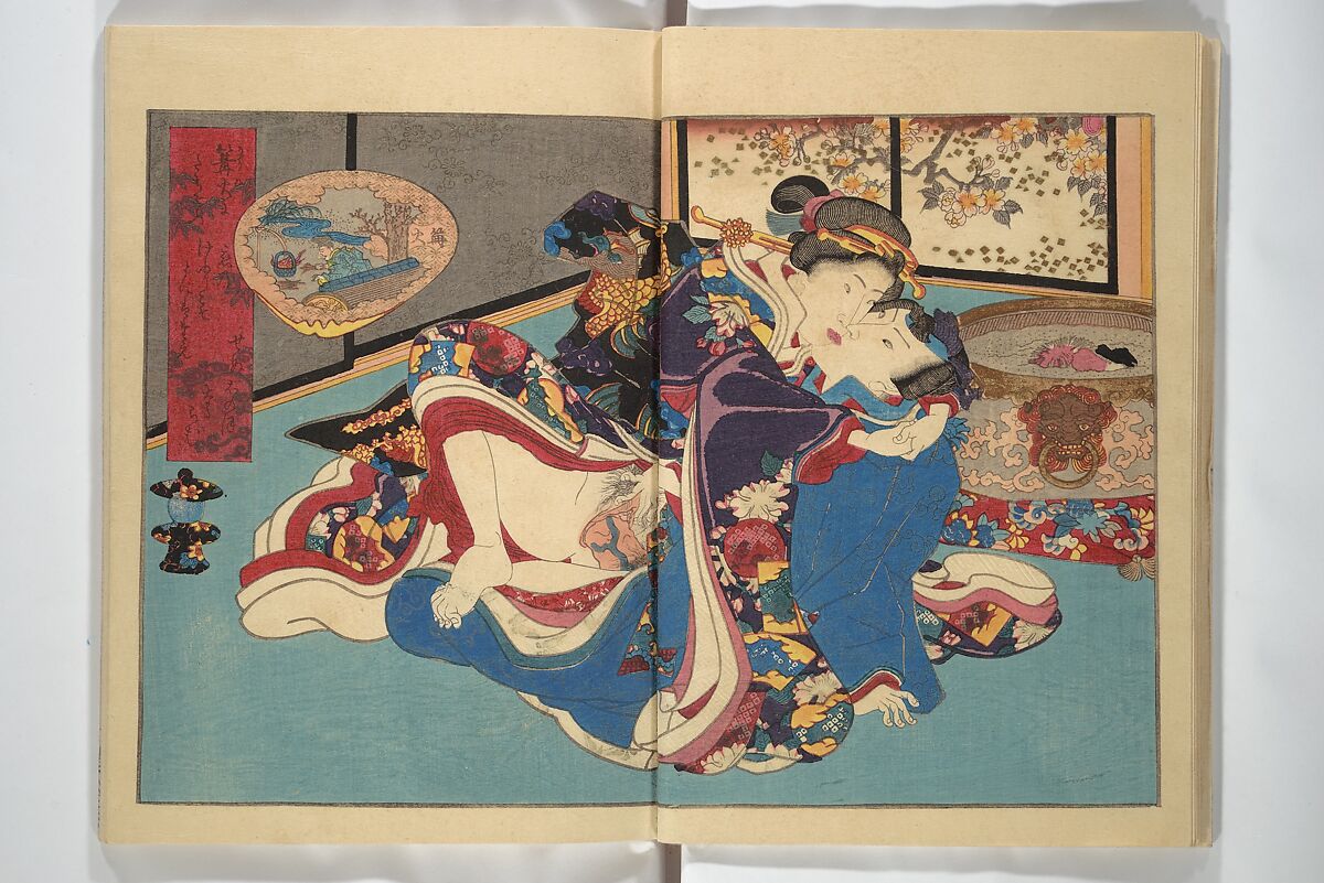 Weighing the Goods of Love (Enshoku shinasadame)  艶色品定女, Utagawa Kunimori II 二代歌川国盛画 (Japanese, active 1830–1861), Set of three woodblock-printed books (hanshibon); ink and color on paper, Japan
