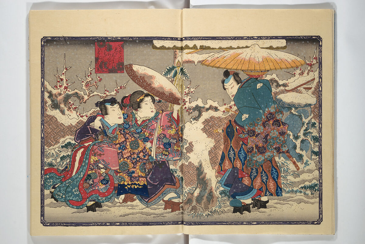 Weighing the Goods of Love (Enshoku shinasadame)  艶色品定女, Utagawa Kunimori II 二代歌川国盛画 (Japanese, active 1830–1861), Set of three woodblock-printed books (hanshibon); ink and color on paper, Japan 