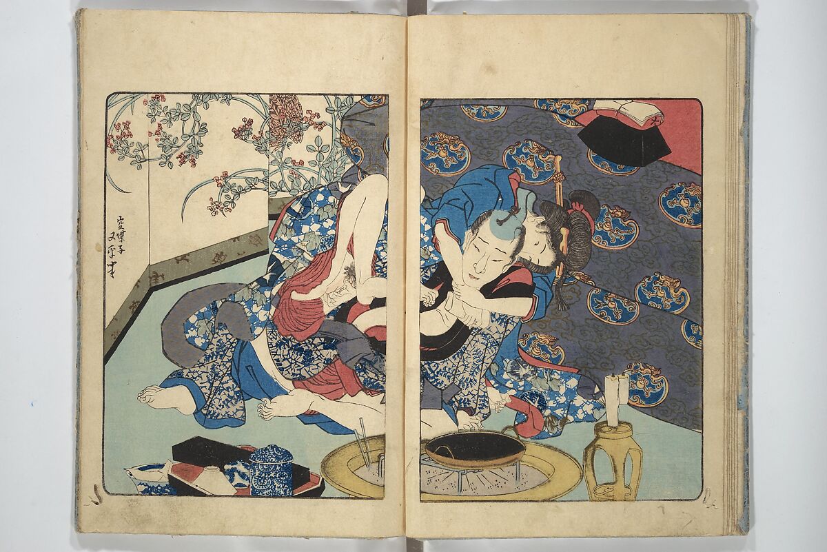 Love of Yatsufuji (Koi no Yatsufuji) 恋のやつふぢ, Utagawa Kunisada 歌川国貞 (Japanese, 1786–1864), Woodblock printed book; ink and color on paper, Japan