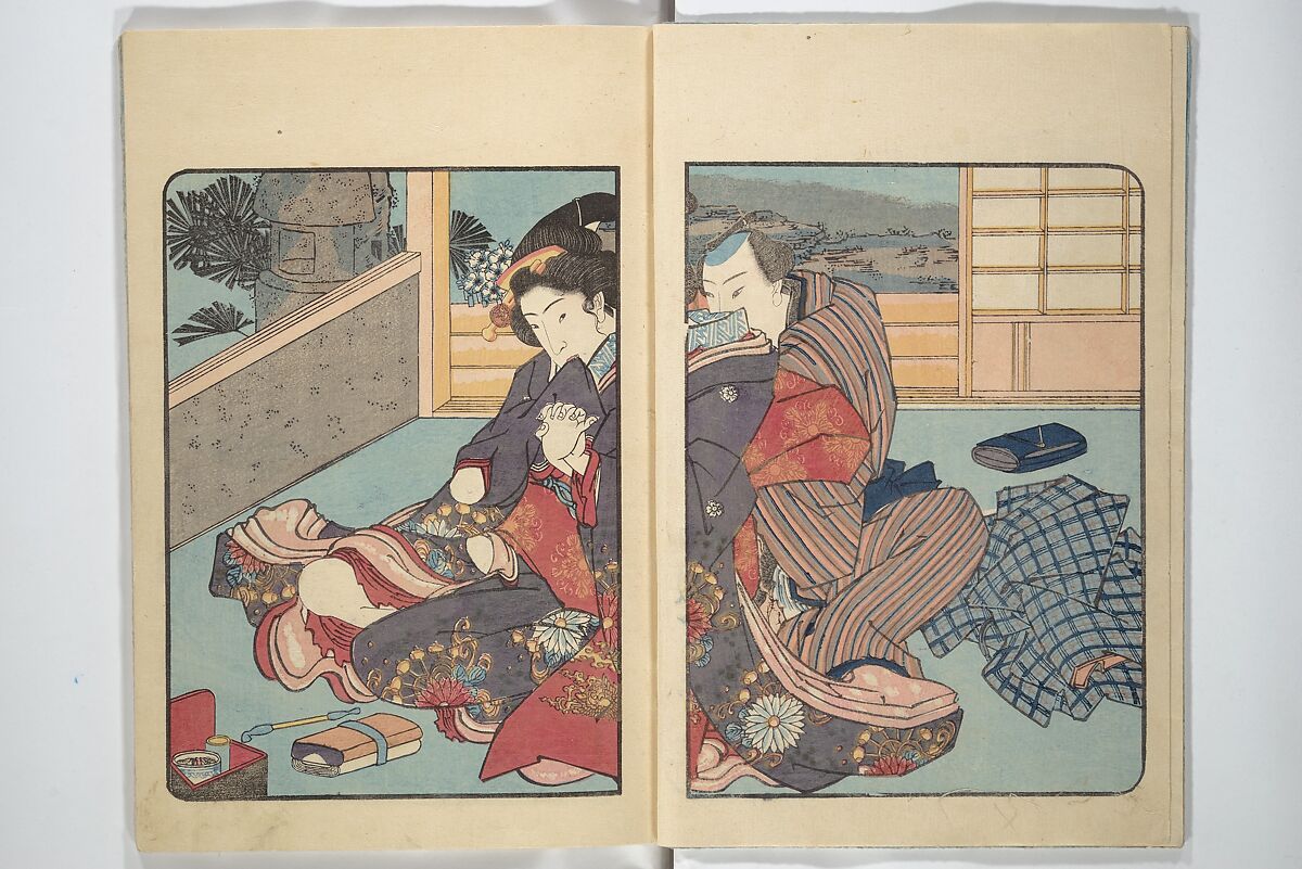 Volume 3 of Unknown Erotic (Shunga) Set (Tōsei komonchō), Utagawa Kuniyoshi 歌川國芳 (Japanese, 1797–1861), Woodblock printed book; ink and color on paper, Japan