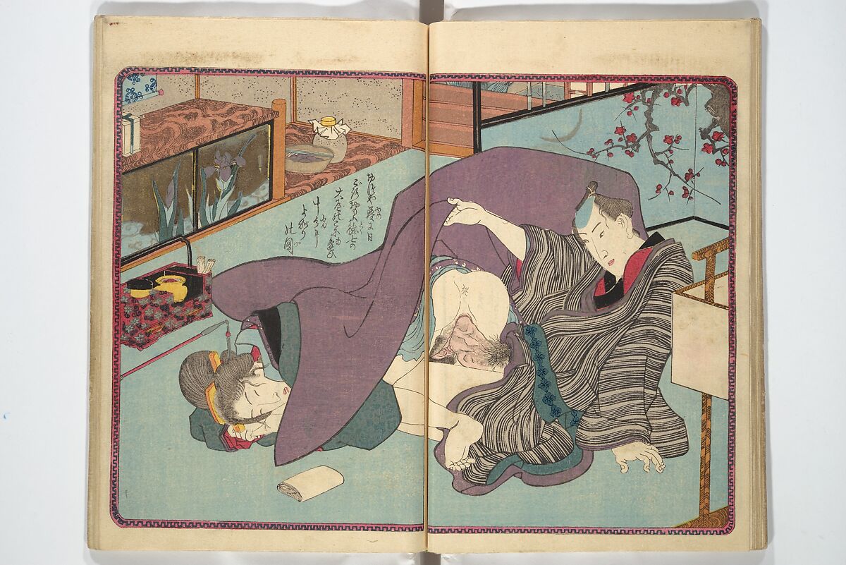 A Bedside Guide to the Colors of Love in Spring (Shunshoku neya no shiori) 春色閨の栞, Utagawa Kunisada 歌川国貞 (Japanese, 1786–1864), Set of three woodblock printed books; ink and color on paper, Japan