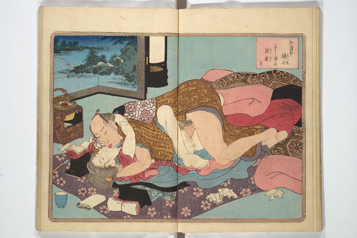 A Bedside Guide to the Colors of Love in Spring (Shunshoku neya no shiori) 春色閨の栞, Utagawa Kunisada 歌川国貞 (Japanese, 1786–1864), Set of three woodblock printed books; ink and color on paper, Japan