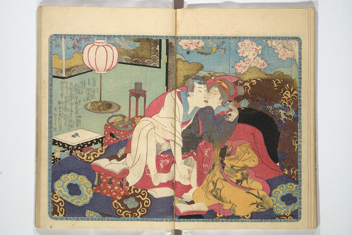 A Bedside Guide to the Colors of Love in Spring (Shunshoku neya no shiori) 春色閨の栞, Utagawa Kunisada 歌川国貞 (Japanese, 1786–1864), Set of three woodblock printed books; ink and color on paper, Japan