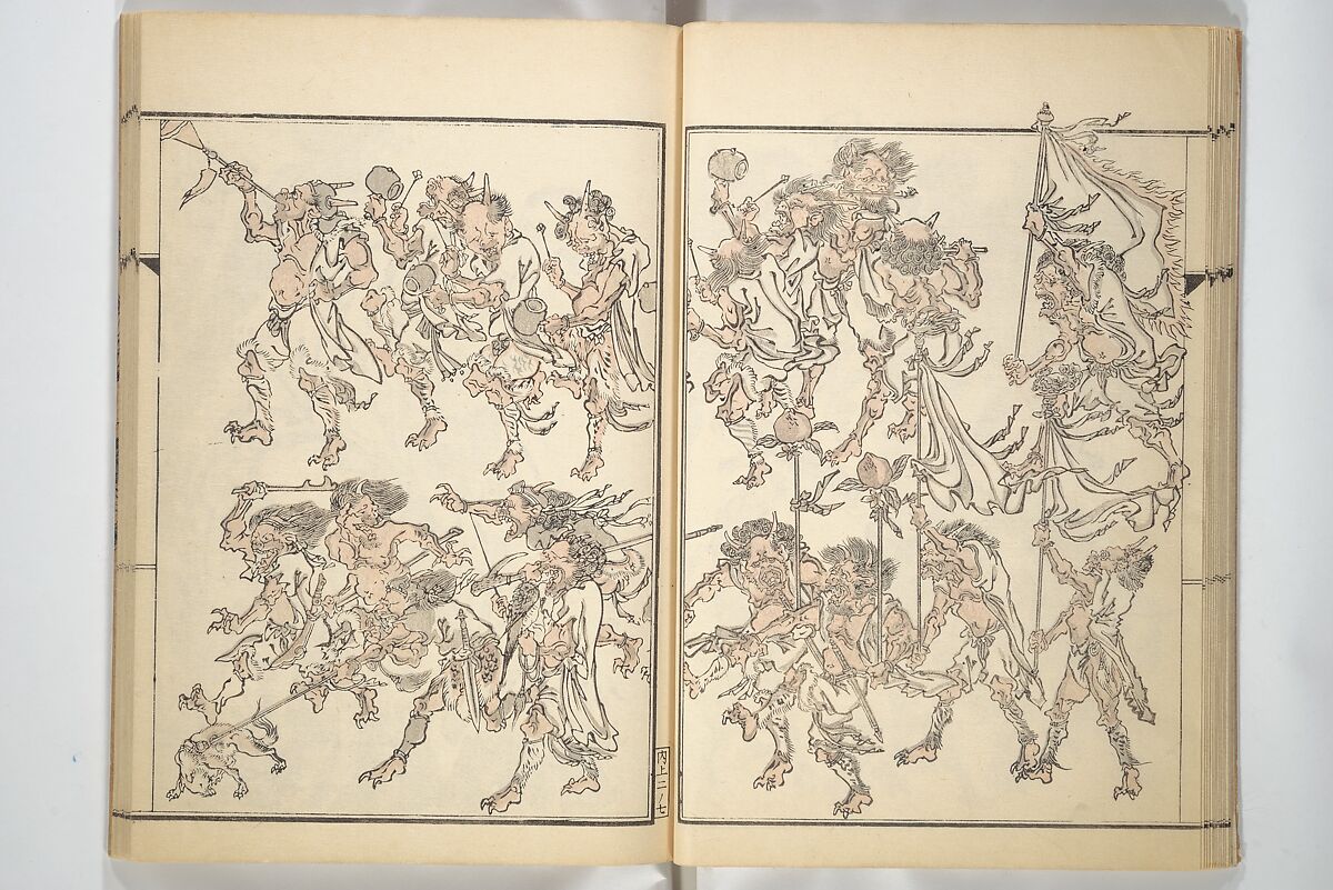 Kyōsai’s Treatise on Painting (Kyōsai gadan) 暁斎画談, Kawanabe Kyōsai 河鍋暁斎 (Japanese, 1831–1889), Set of four woodblock printed books; ink and color on paper, Japan