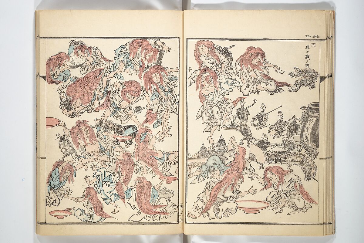 Kyōsai’s Treatise on Painting (Kyōsai gadan) 暁斎画談, Kawanabe Kyōsai 河鍋暁斎 (Japanese, 1831–1889), Set of four woodblock printed books; ink and color on paper, Japan