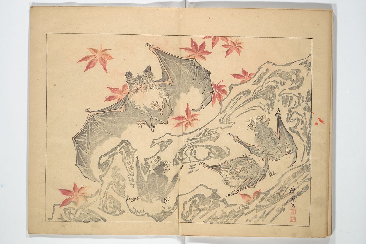 Kyōsai’s Drawings for Pleasure (Kyōsai rakuga)  暁齋樂画, Kawanabe Kyōsai 河鍋暁斎 (Japanese, 1831–1889), Set of two woodblock-printed books (one volume orihon, accordion-style); ink and color on paper, Japan