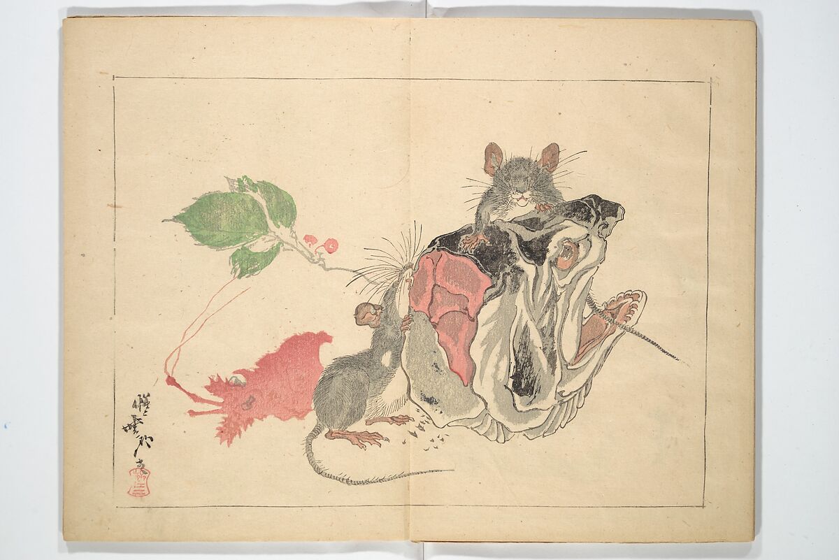 Kyōsai’s Drawings for Pleasure (Kyōsai rakuga)  暁齋樂画, Kawanabe Kyōsai 河鍋暁斎 (Japanese, 1831–1889), Set of two woodblock-printed books (one volume orihon, accordion-style); ink and color on paper, Japan