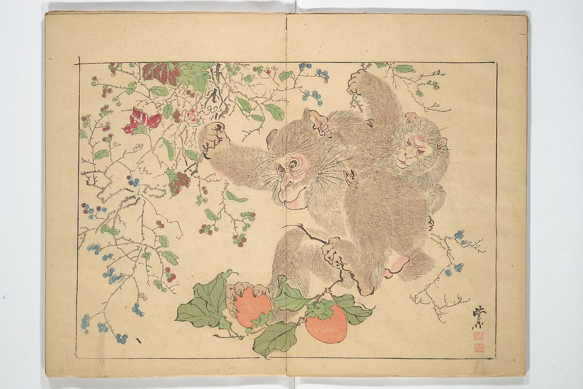 Kyōsai’s Drawings for Pleasure (Kyōsai rakuga)  暁齋樂画, Kawanabe Kyōsai 河鍋暁斎 (Japanese, 1831–1889), Set of two woodblock-printed books (one volume orihon, accordion-style); ink and color on paper, Japan