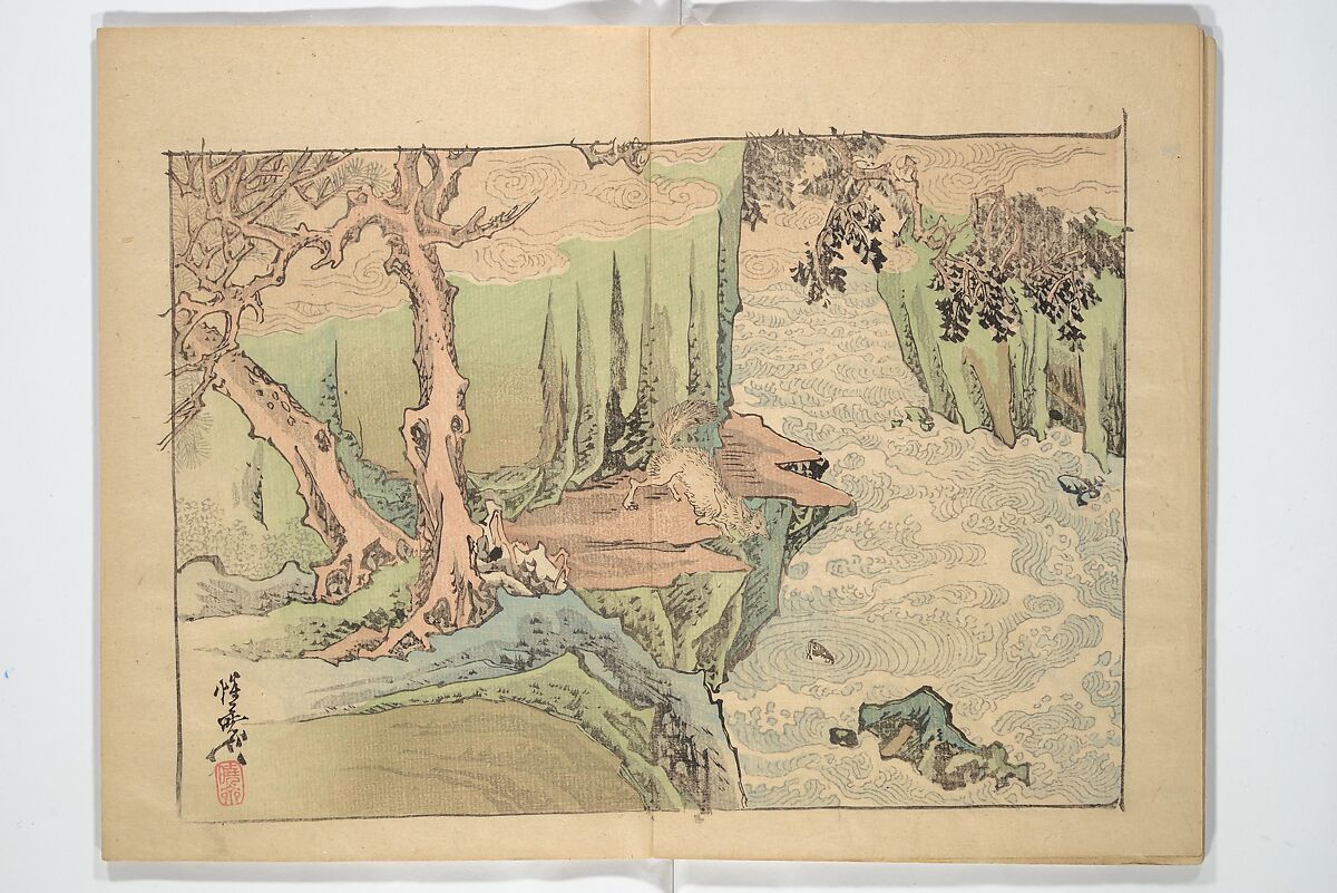 Kyōsai’s Drawings for Pleasure (Kyōsai rakuga)  暁齋樂画, Kawanabe Kyōsai 河鍋暁斎 (Japanese, 1831–1889), Set of two woodblock-printed books (one volume orihon, accordion-style); ink and color on paper, Japan