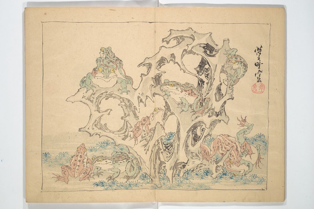 Kyōsai’s Drawings for Pleasure (Kyōsai rakuga)  暁齋樂画, Kawanabe Kyōsai 河鍋暁斎 (Japanese, 1831–1889), Set of two woodblock-printed books (one volume orihon, accordion-style); ink and color on paper, Japan