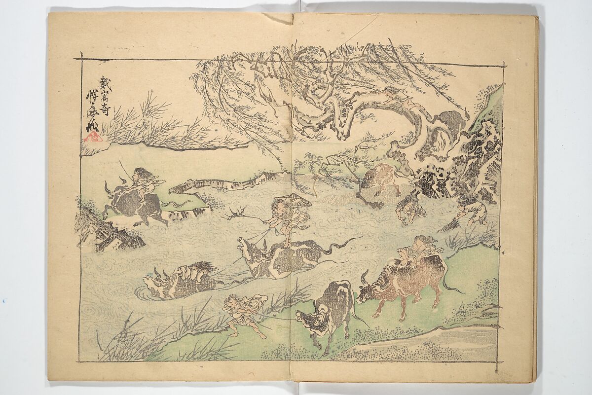 Kyōsai’s Drawings for Pleasure (Kyōsai rakuga)  暁齋樂画, Kawanabe Kyōsai 河鍋暁斎 (Japanese, 1831–1889), Set of two woodblock-printed books (one volume orihon, accordion-style); ink and color on paper, Japan
