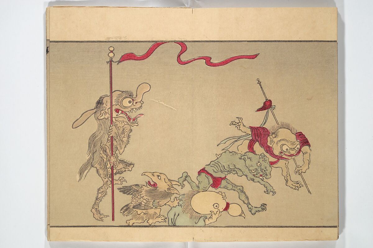Kyōsai’s Pictures of One Hundred Demons (Kyōsai hyakki gadan) 暁斎百鬼画談, Kawanabe Kyōsai 河鍋暁斎 (Japanese, 1831–1889), Woodblock printed book (orihon, accordion-style); ink and color on paper, Japan