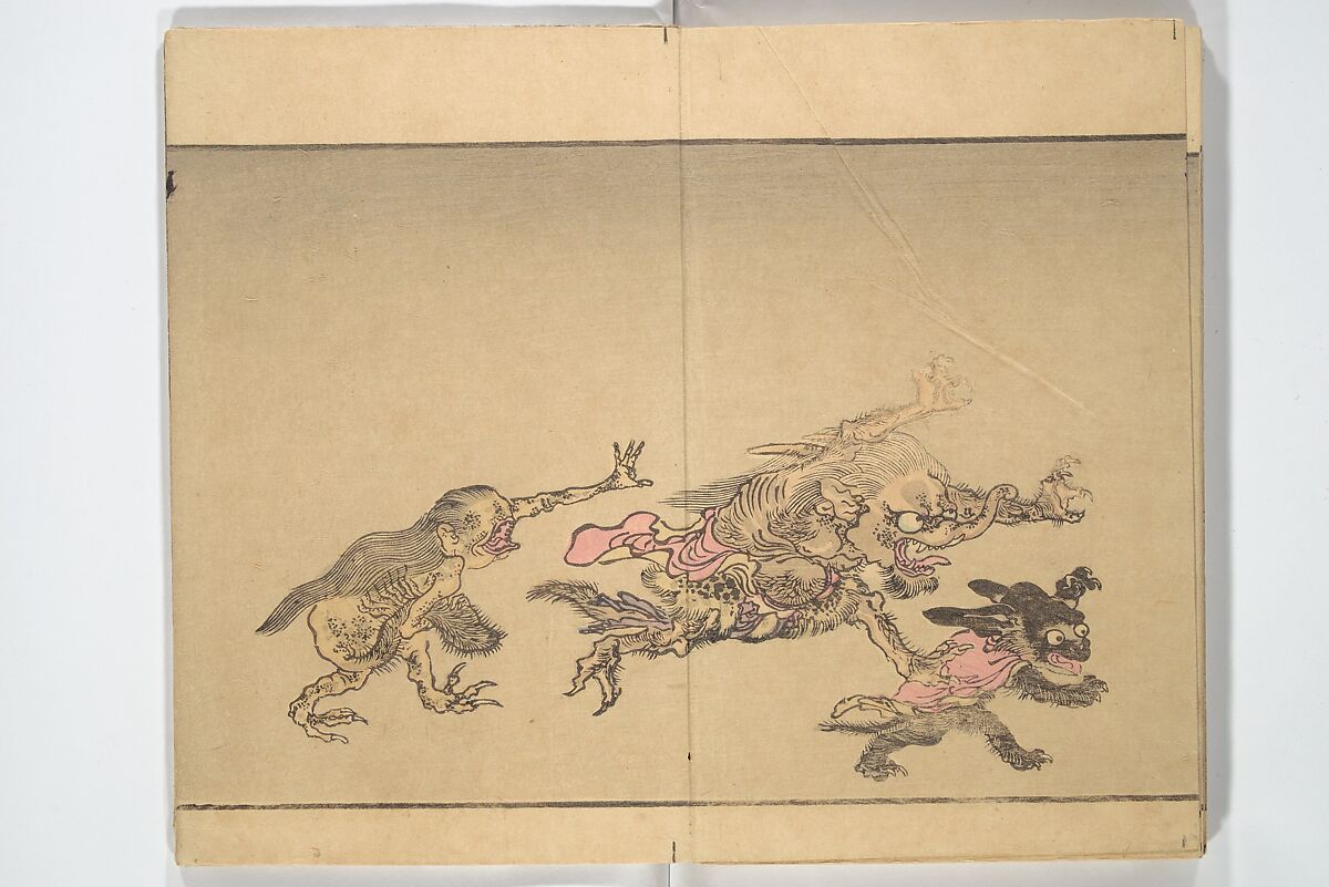 Kyōsai’s Pictures of One Hundred Demons (Kyōsai hyakki gadan) 暁斎百鬼画談, Kawanabe Kyōsai 河鍋暁斎 (Japanese, 1831–1889), Woodblock printed book (orihon, accordion-style); ink and color on paper, Japan