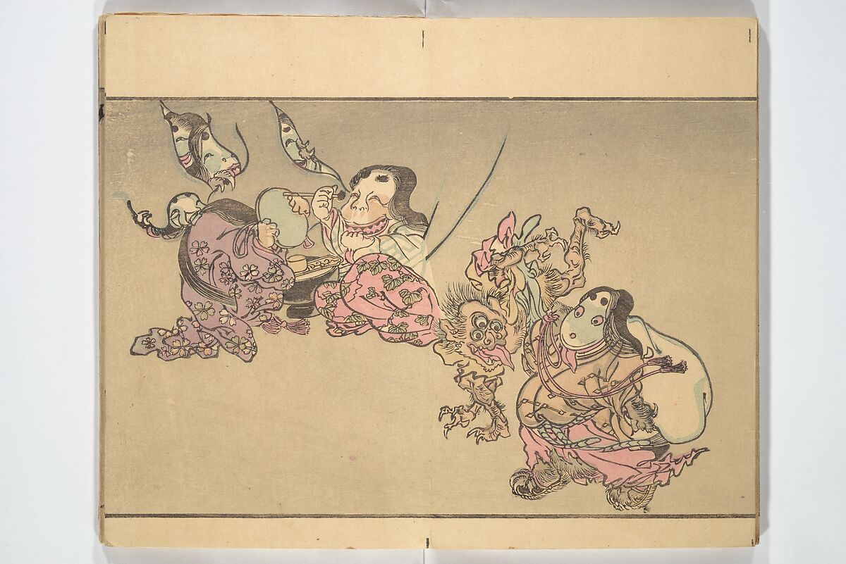 Kyōsai’s Pictures of One Hundred Demons (Kyōsai hyakki gadan) 暁斎百鬼画談, Kawanabe Kyōsai 河鍋暁斎 (Japanese, 1831–1889), Woodblock printed book (orihon, accordion-style); ink and color on paper, Japan
