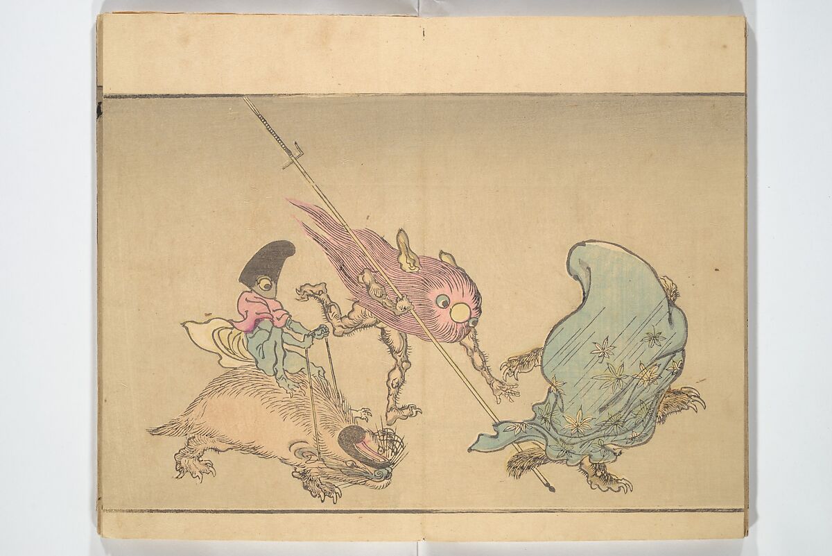 Kyōsai’s Pictures of One Hundred Demons (Kyōsai hyakki gadan) 暁斎百鬼画談, Kawanabe Kyōsai 河鍋暁斎 (Japanese, 1831–1889), Woodblock printed book (orihon, accordion-style); ink and color on paper, Japan