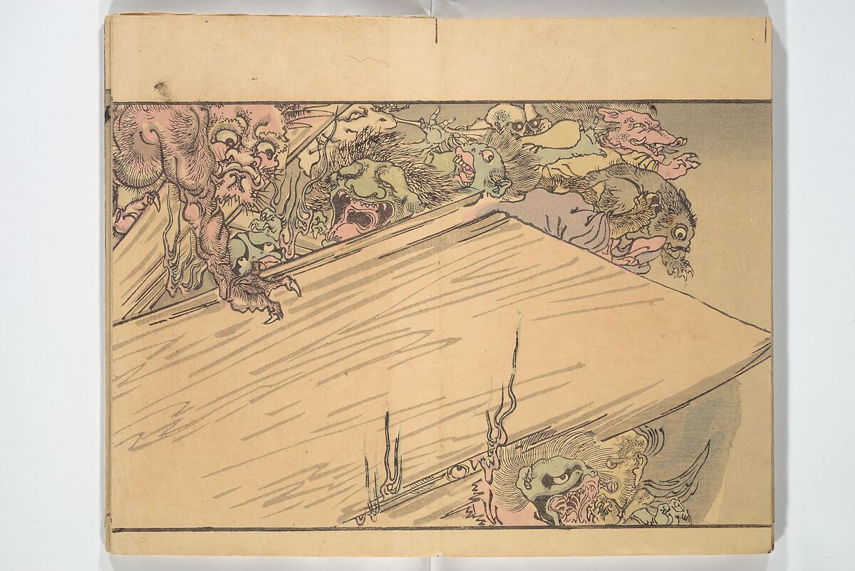 Kyōsai’s Pictures of One Hundred Demons (Kyōsai hyakki gadan) 暁斎百鬼画談, Kawanabe Kyōsai 河鍋暁斎 (Japanese, 1831–1889), Woodblock printed book (orihon, accordion-style); ink and color on paper, Japan