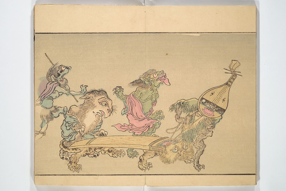 Kyōsai’s Pictures of One Hundred Demons (Kyōsai hyakki gadan) 暁斎百鬼画談, Kawanabe Kyōsai 河鍋暁斎 (Japanese, 1831–1889), Woodblock printed book (orihon, accordion-style); ink and color on paper, Japan