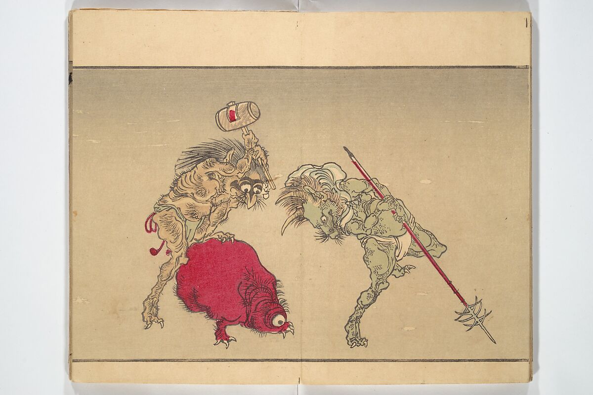 Kyōsai’s Pictures of One Hundred Demons (Kyōsai hyakki gadan) 暁斎百鬼画談, Kawanabe Kyōsai 河鍋暁斎 (Japanese, 1831–1889), Woodblock printed book (orihon, accordion-style); ink and color on paper, Japan