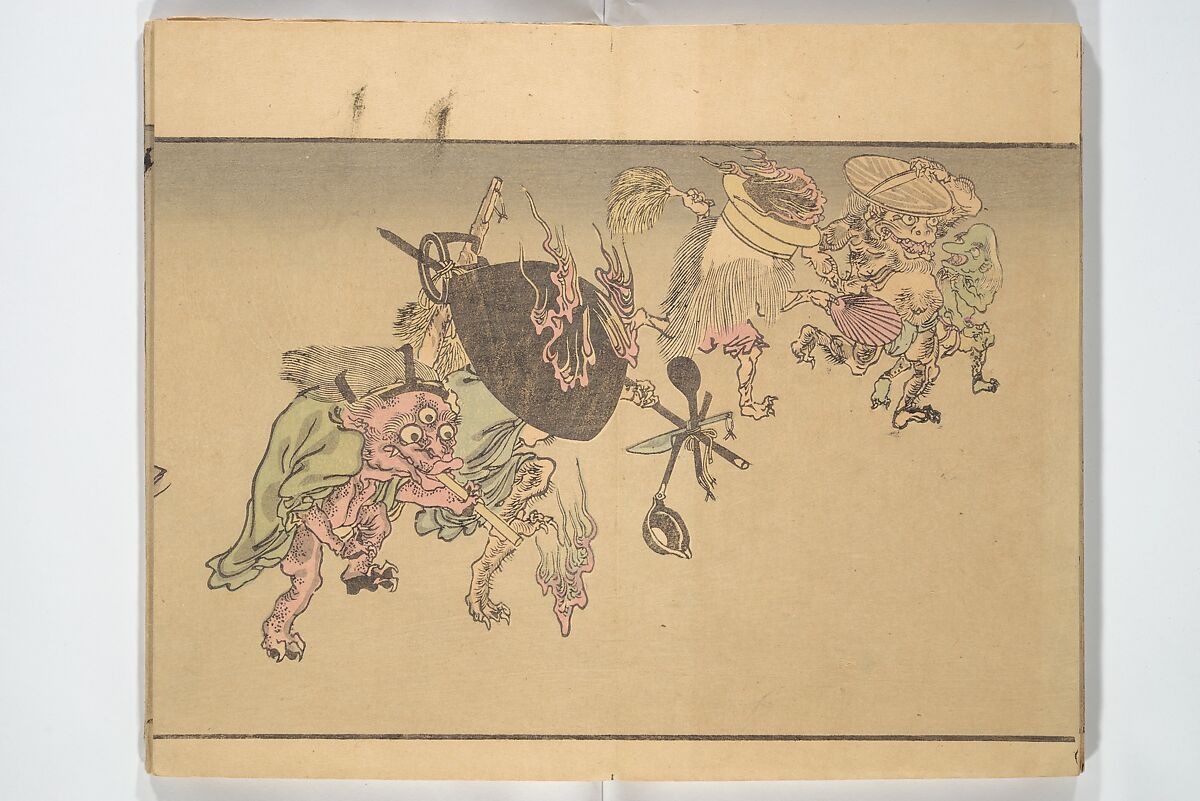 Kyōsai’s Pictures of One Hundred Demons (Kyōsai hyakki gadan) 暁斎百鬼画談, Kawanabe Kyōsai 河鍋暁斎 (Japanese, 1831–1889), Woodblock printed book (orihon, accordion-style); ink and color on paper, Japan