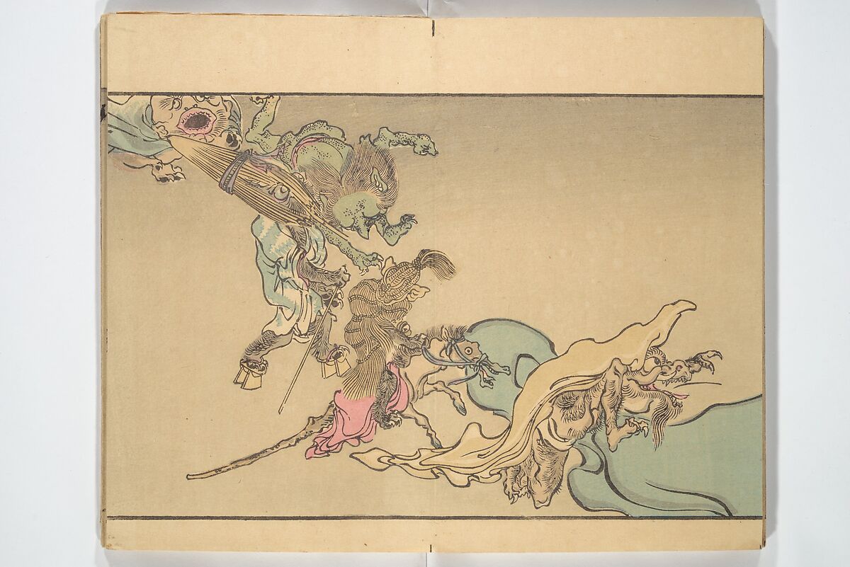 Kyōsai’s Pictures of One Hundred Demons (Kyōsai hyakki gadan) 暁斎百鬼画談, Kawanabe Kyōsai 河鍋暁斎 (Japanese, 1831–1889), Woodblock printed book (orihon, accordion-style); ink and color on paper, Japan