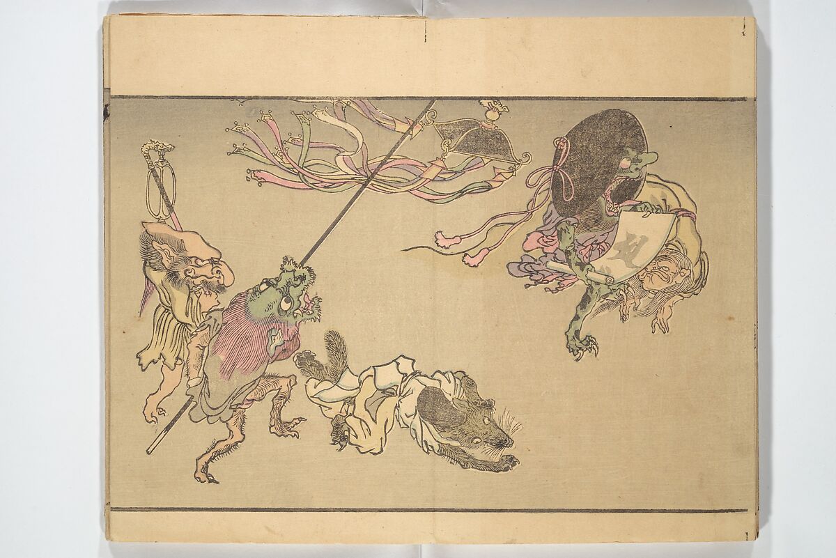Kyōsai’s Pictures of One Hundred Demons (Kyōsai hyakki gadan) 暁斎百鬼画談, Kawanabe Kyōsai 河鍋暁斎 (Japanese, 1831–1889), Woodblock printed book (orihon, accordion-style); ink and color on paper, Japan