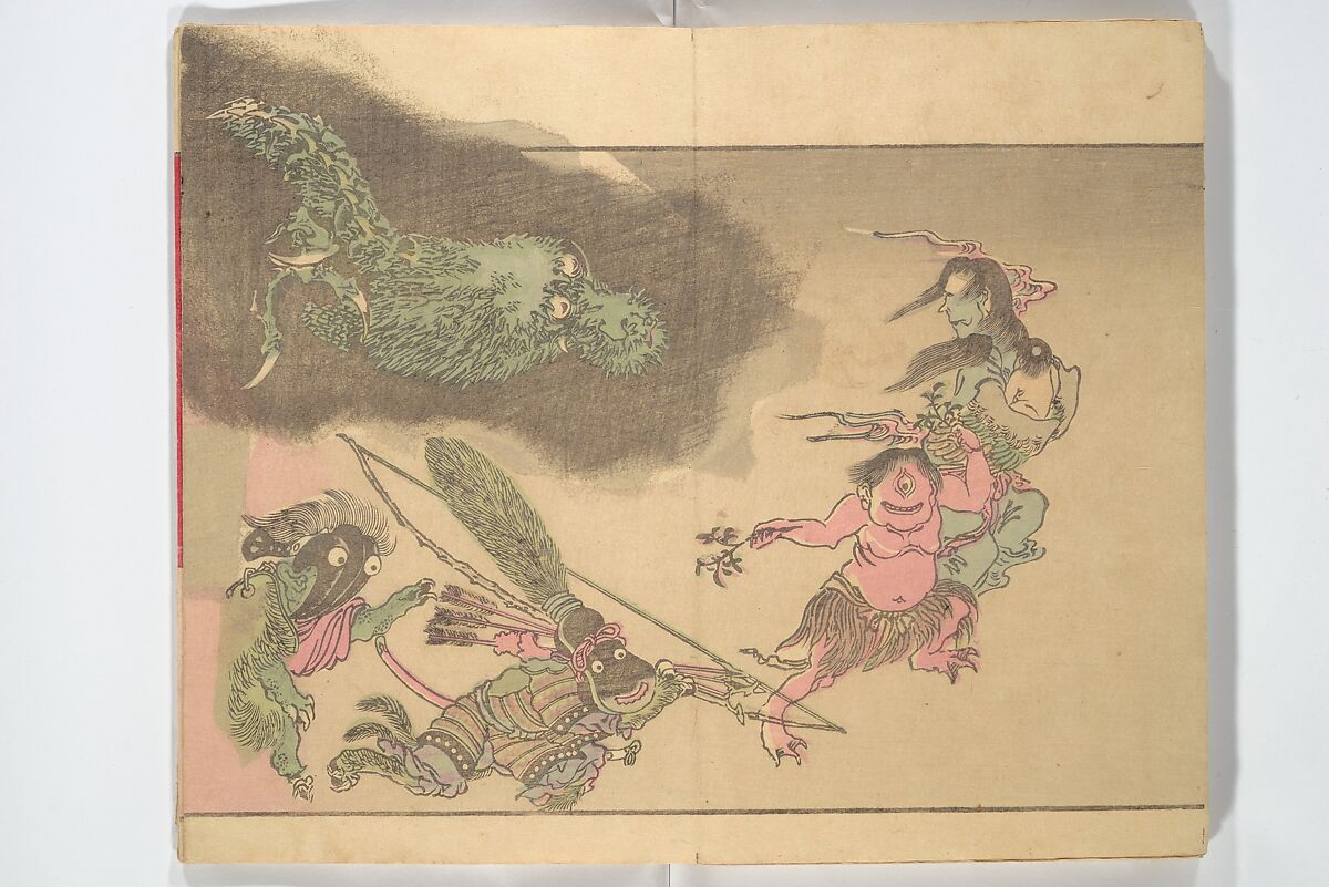 Kyōsai’s Pictures of One Hundred Demons (Kyōsai hyakki gadan) 暁斎百鬼画談, Kawanabe Kyōsai 河鍋暁斎 (Japanese, 1831–1889), Woodblock printed book (orihon, accordion-style); ink and color on paper, Japan