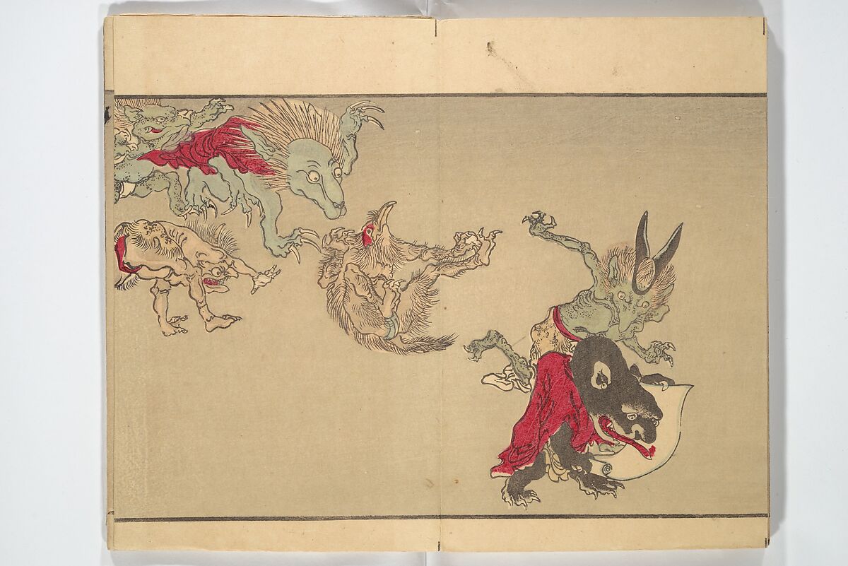 Kyōsai’s Pictures of One Hundred Demons (Kyōsai hyakki gadan) 暁斎百鬼画談, Kawanabe Kyōsai 河鍋暁斎 (Japanese, 1831–1889), Woodblock printed book (orihon, accordion-style); ink and color on paper, Japan