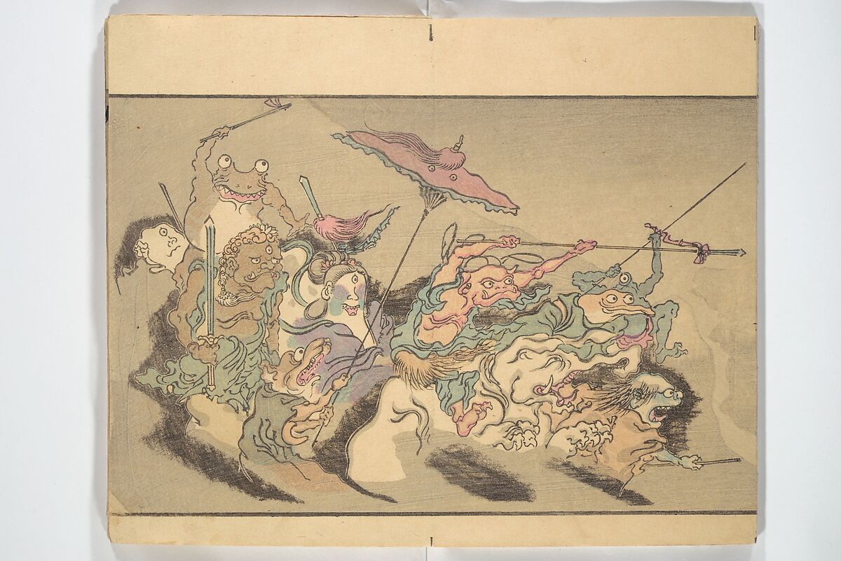 Kyōsai’s Pictures of One Hundred Demons (Kyōsai hyakki gadan) 暁斎百鬼画談, Kawanabe Kyōsai 河鍋暁斎 (Japanese, 1831–1889), Woodblock printed book (orihon, accordion-style); ink and color on paper, Japan
